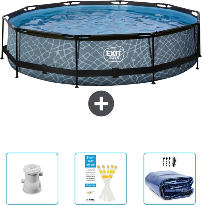 EXIT Rond Stone Frame Zwembad - 360 x 76 cm - Inclusief Pomp - Testrips - Solarzeil - Nu extra voordelig