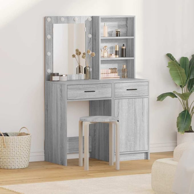 vidaXL - Dressing - tafel - set - met - LED - 2 - st - Grijs - Sonoma - Bewerkt - hout