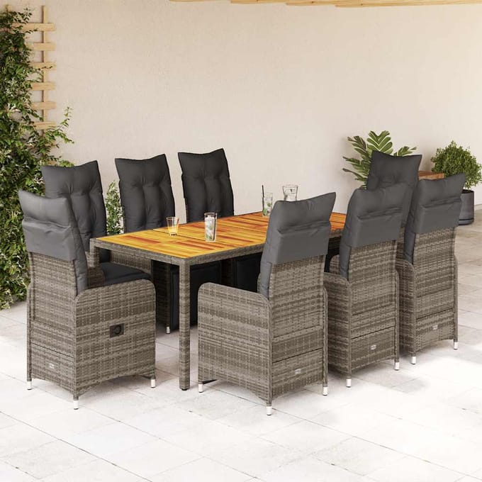vidaXL - 9-delige - Bistroset - met - kussens - poly - rattan - grijs