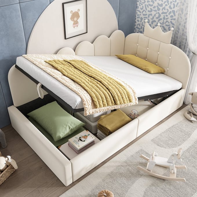 MODFU Dagbed 90x190 cm – Met hydraulische opbergruimte – Kroon- & rasterdesign – Fluweel – Beige