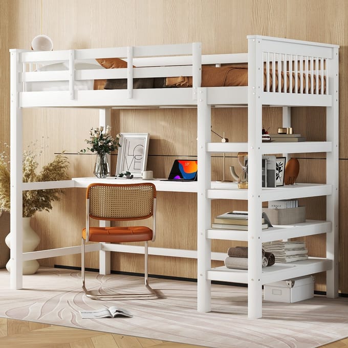 Hoogslaper - 90x200 cm - met bureau & opbergvakken - Wit