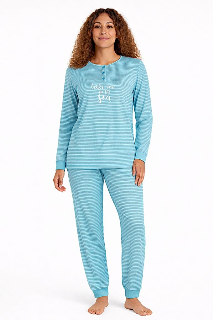 Dames pyjama katoen - blue - stripes - Maat S