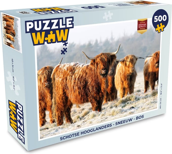 Puzzel Schotse Hooglanders - Sneeuw - Bos - Legpuzzel - Puzzel 500 stukjes