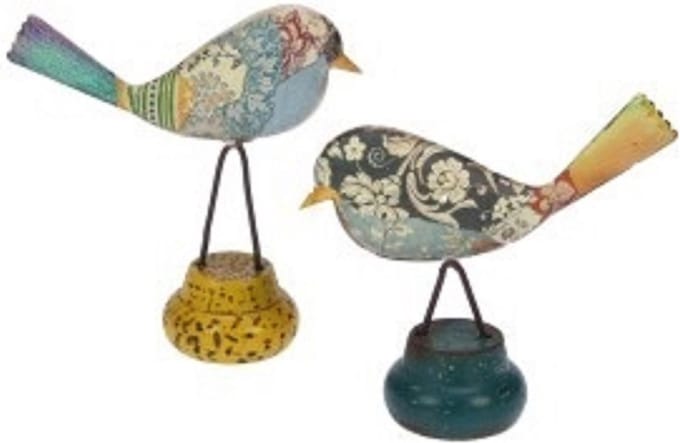 2 Vogeltjes staand metaal op rond voetje, . 12x4,5x12cm