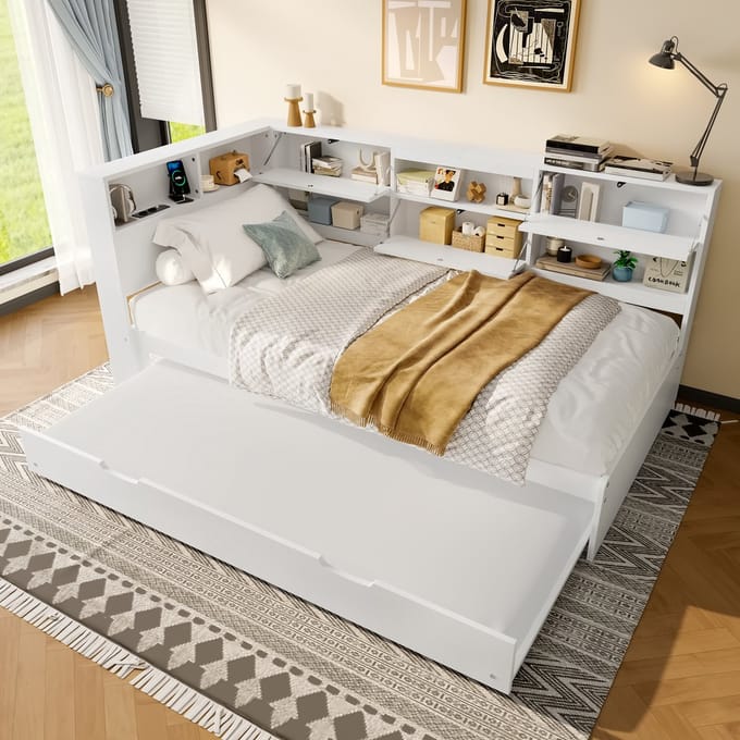 MODFU - Dagbed – Uitschuifbaar – 90x200 cm – Met opberghoofdbord – Scandinavisch – Wit