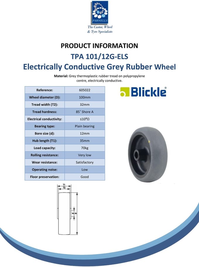 Wiel van 100 mm met grijs, elektrisch geleidend thermoplastisch rubber op een polypropyleen basis