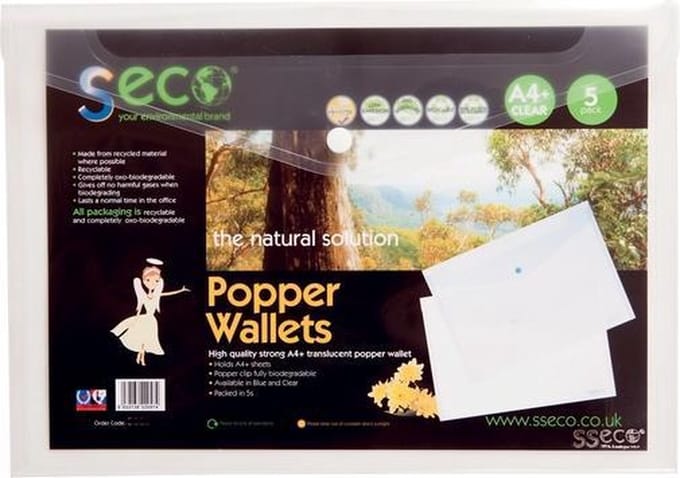 Seco envelopmap - A4+ - transparant - PP 180 micron - 5 stuks - drukknop - milieuvriendelijk