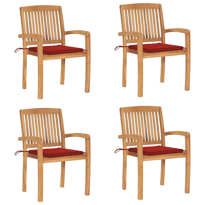 vidaXL - Tuinstoelen - stapelbaar - 4 - st - met - kussens - massief - teakhout