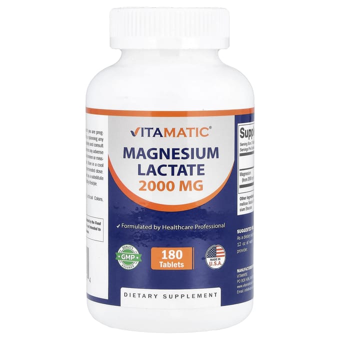 Vitamatic, Lactate de Magnésium, 180 Comprimés (1 000 mg par comprimé)