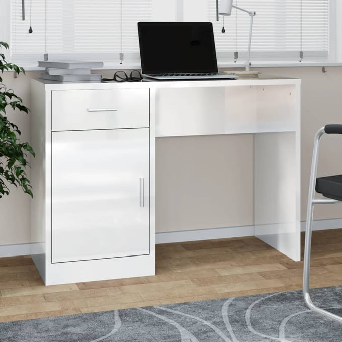 vidaXL - Bureau - met - kast - en - lade - 100x40x73 - cm - bewerkt - hout - hoogglans - wit