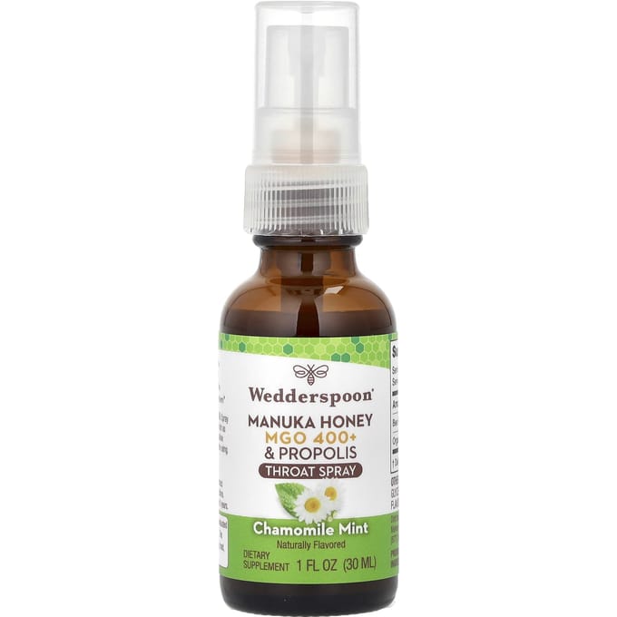 Wedderspoon, Miel de Manuka et Propolis, Spray pour la gorge, Camomille Menthe, MGO 400+, 1 fl oz (30 ml) white