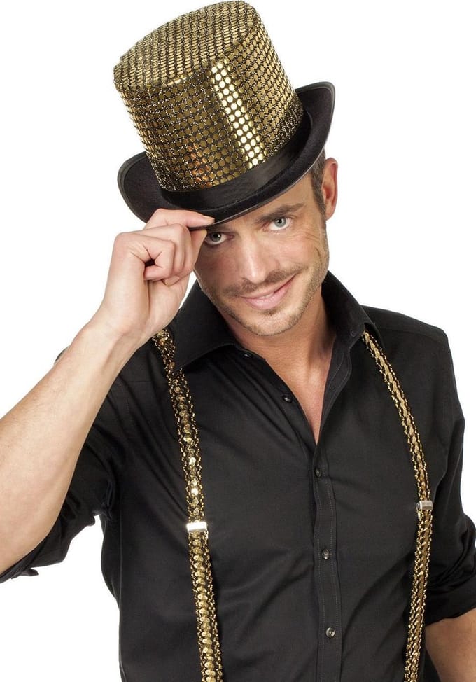 Hoge hoed paillettenstof goud