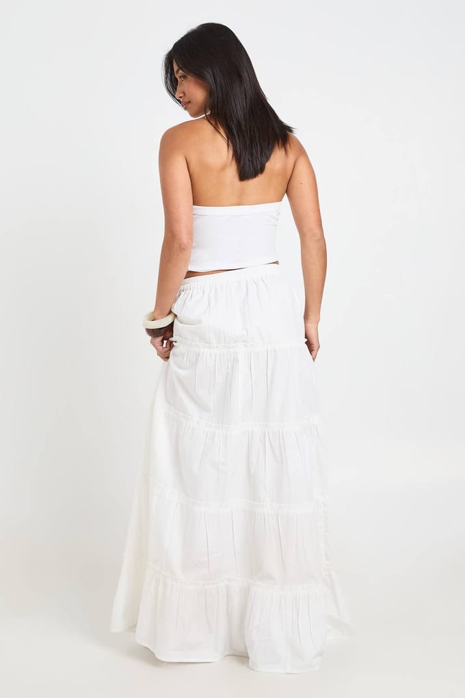 boohoo Dames Petite Gelaagde Katoenen Popeline Maxi Rok | Wit | Maat: 44
