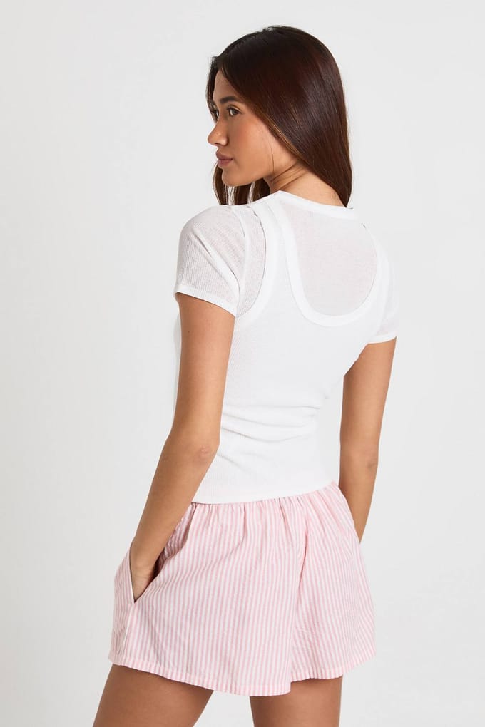 boohoo Dames Gestreepte Seersucker Shorts Met Elastische Taille | Roze | Maat: 34
