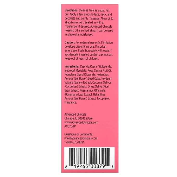 Advanced Clinicals Rosehip Oil Serum – Met Vitamine E & Botanische Oliën – Hydraterend Gezichtsserum