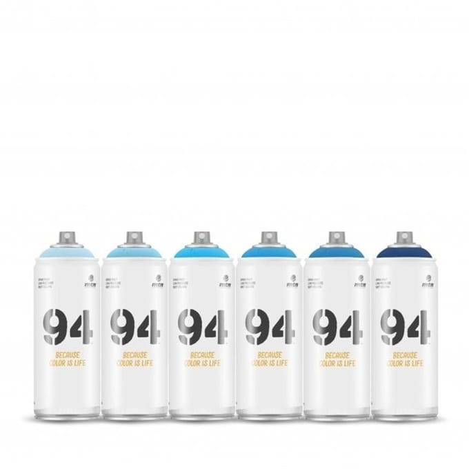 MTN94 spuitbussen pakket - 6x Blauw tinten - Lage druk, matte afwerking graffiti spuitverf - 400ml