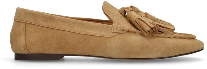 Manfield - Dames - Beige suède loafers met franjes - Maat 36