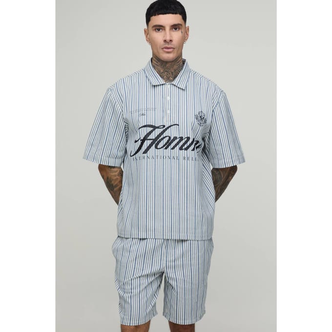 Tall Oversized Poloshirt Met Korte Mouwen En Gestreepte Short Set | Blue | Size Medium