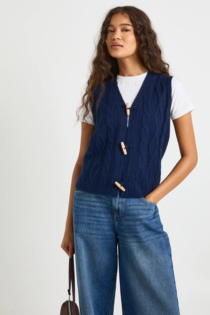 boohoo Dames Kabelgebreide gilet met toggleknopen | Navy | Maat: Small