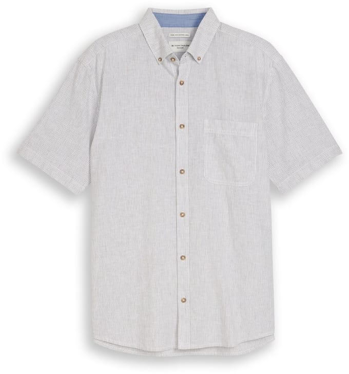 Tom Tailor - Regular fit overhemd met korte mouwen en linnen - Maat S - white leaf green small stripe