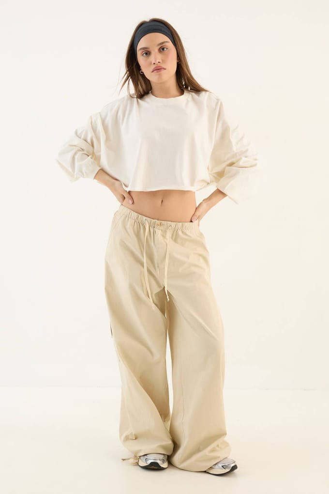 Dames Dsgn Studio Zwaar Gewassen Oversized Lange Mouw Crop T-shirt | Creme | Maat: XL