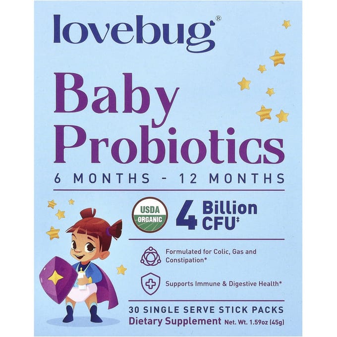 LoveBug Probiotica, Baby Probiotica, 6-12 Maanden, 4 Miljard KVE, 30 Enkele Stick Verpakkingen