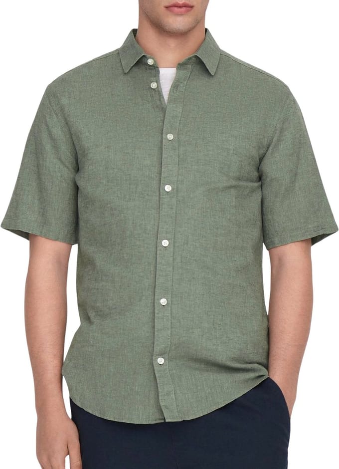Only & Sons groene heren overhemd   Punt kraag   Regular fit   Knoopsluiting   Korte mouw Groen L