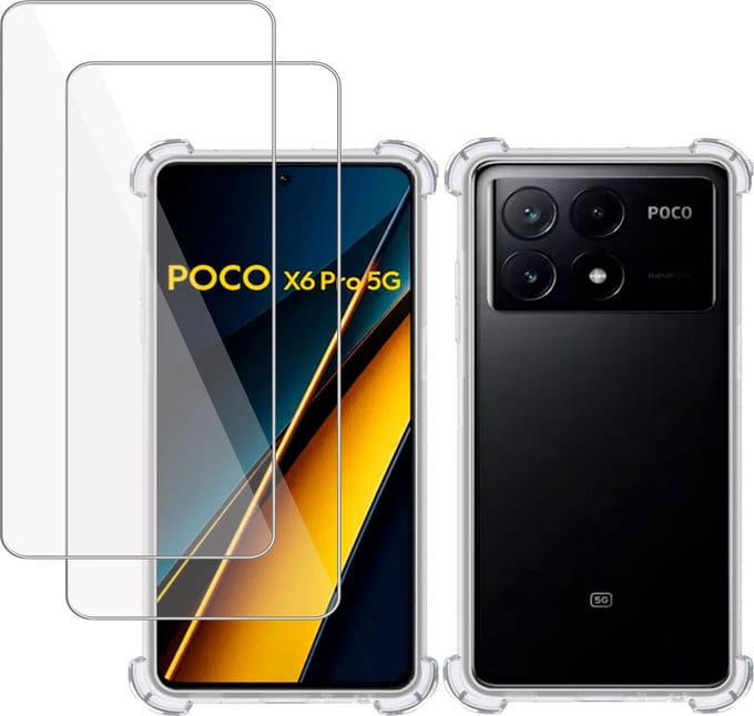 Hoesje + 2x Screenprotector geschikt voor Poco X6 Pro – Tempered Glass - Extreme Shock Case Transparant