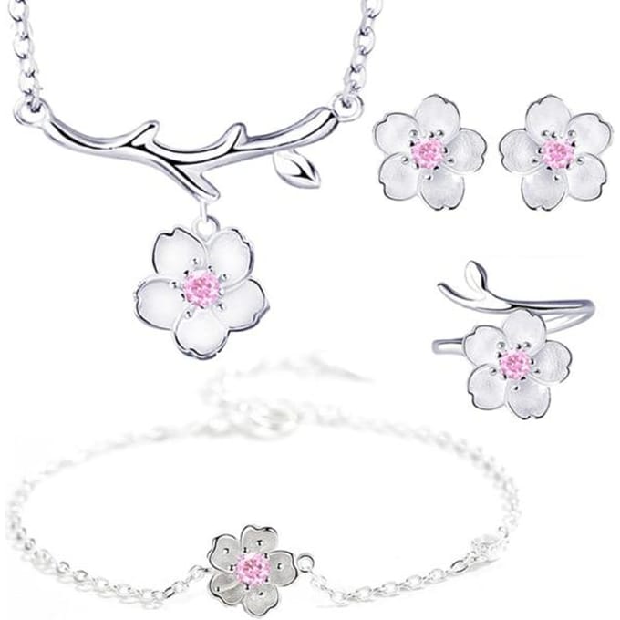 Romantische 925 Sterling Zilver Kersenbloesem Bloem Sieraden Sets Hanger Leuke Bruids Bruiloft Sets white