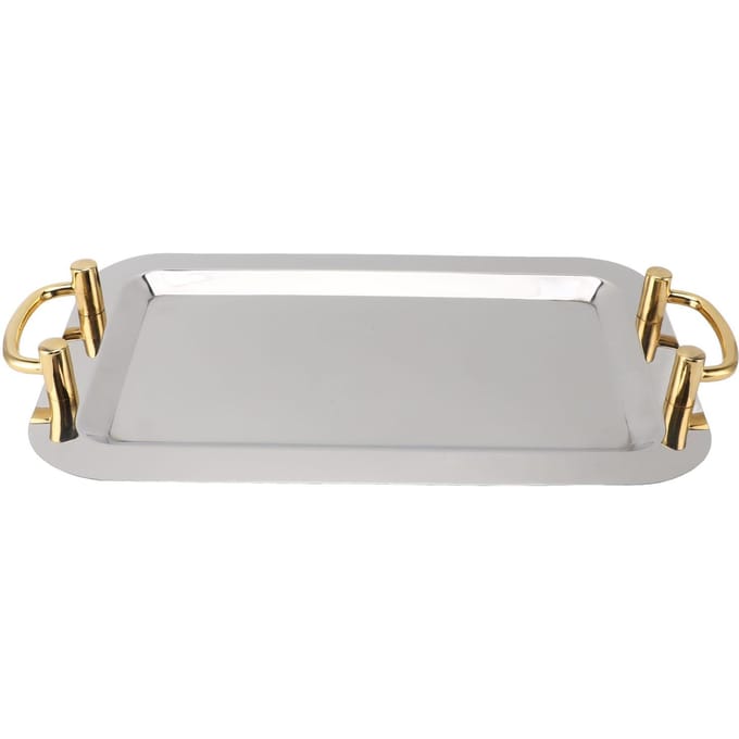 Plateau de Service en Acier Inoxydable Exquis Élégant Surface Miroir Poignée de Transport Dorée Acier Inoxydable 304 Rectangular (Length 16.9in) gray
