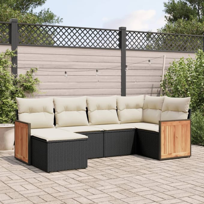 vidaXL - 6-delige - Loungeset - met - kussens - poly - rattan - zwart