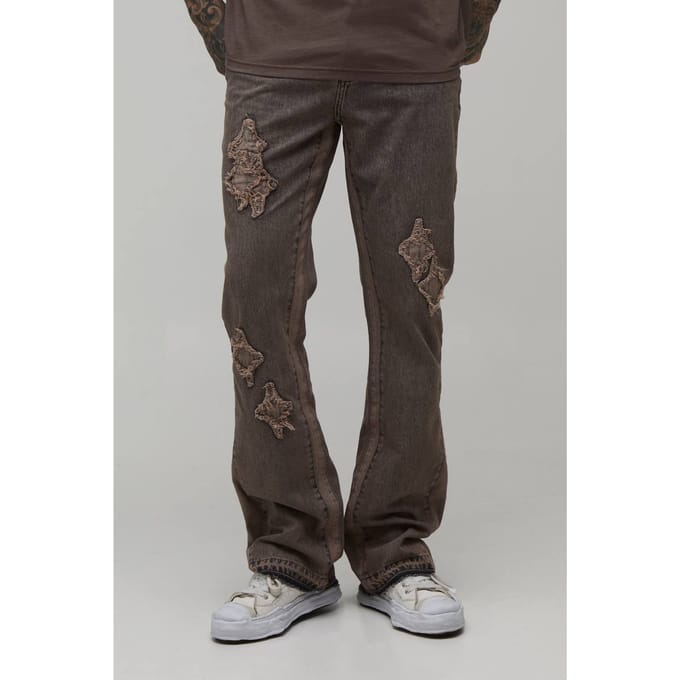 Lange Gewassen Slim Flare Jeans Met Applicatie Panelen | Stone | Size 34