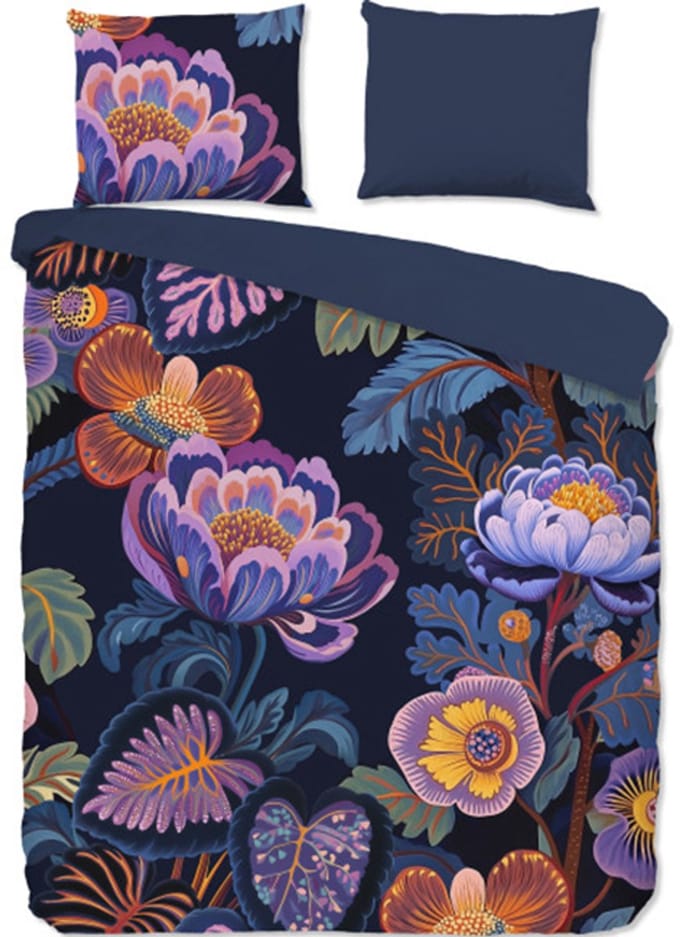 Pure dekbedovertrek bloemen - 2 persoons 200x200/220 cm - Donkerblauw - Microvezel