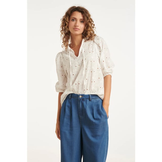 Smashed Lemon Witte broderie top met v-hals en ballonmouwen |