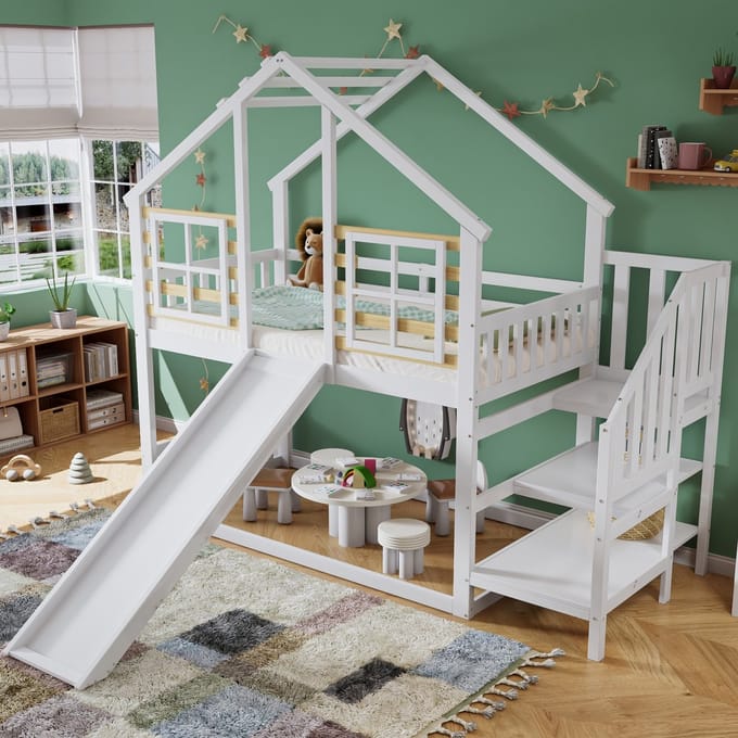 Sweiko Hoogslaper - 90x200 cm - met Glijbaan - Kinderbed - Massief hout + MDF - Wit