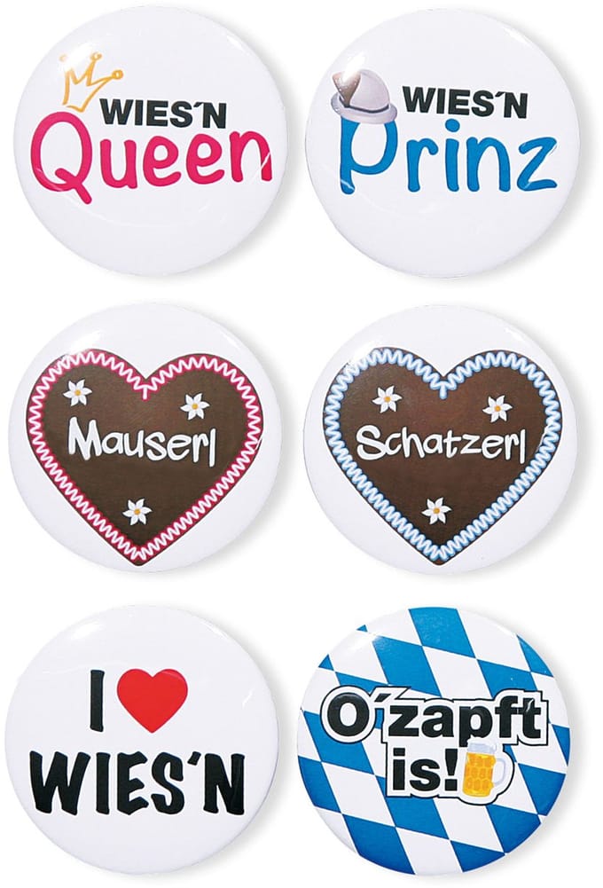 Oktoberfest Buttons – Set van 6 – Beierse Spreuken – 5 cm – Feestaccessoire