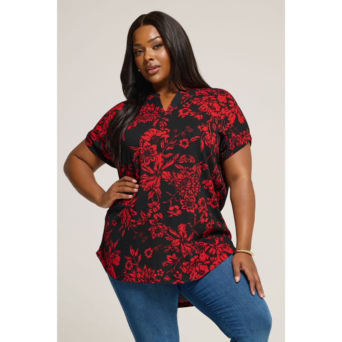 Yours Zwart & Rood Bloemen Textuur Top Size 54-56