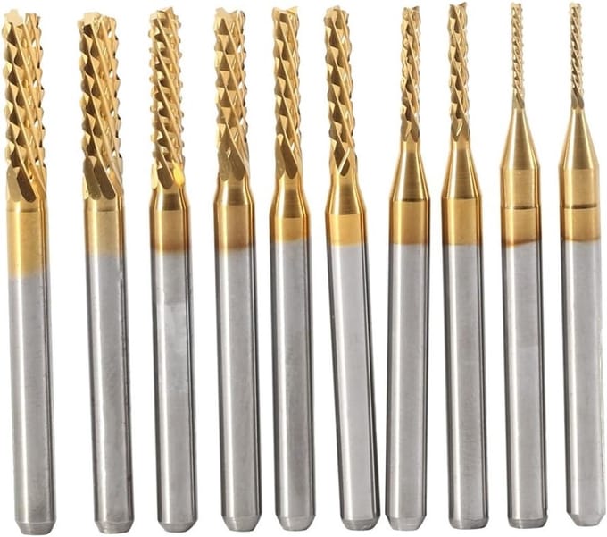 Set van 10 Titanium Gecoate Freesboren, Tungsten Carbide CNC Freesbits voor Hout, Staal en PCB
