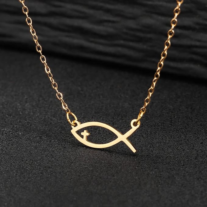 Ketting met hanger ichtus visje en kruisje goudkleur.
