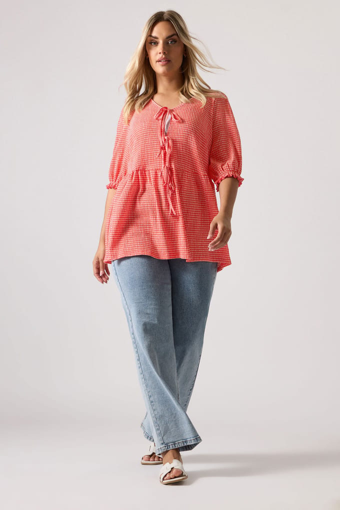 Yours Peplum Top Met Gingham Print En Striksluitingen In Rood Size 42