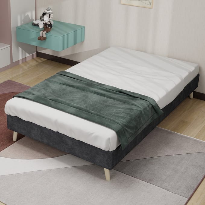 MODFU - Bedframe 90x200 cm – Laag model met houten steunpoten – Zonder hoofdbord – Grijs