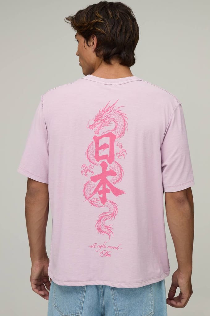 Gewassen Roze Oversized Boxy T-shirt Met Ruggengraat Print En Zichtbare Naden | Washed Pink | Size Medium