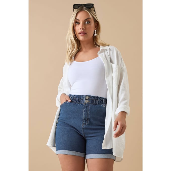Yours Denim Short Met Omslag En Elastische Tailleband In Middenblauw Size 50