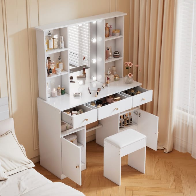 Make Up Tafel Met Spiegel En LED - Kaptafel Met Stoel Wit - Verlichte Makeuptafel