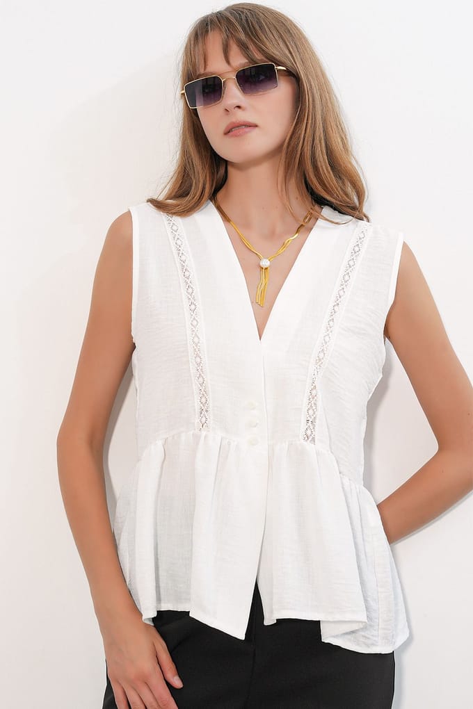 Mouwloze V-hals Blouse met Knopen Voorzijde