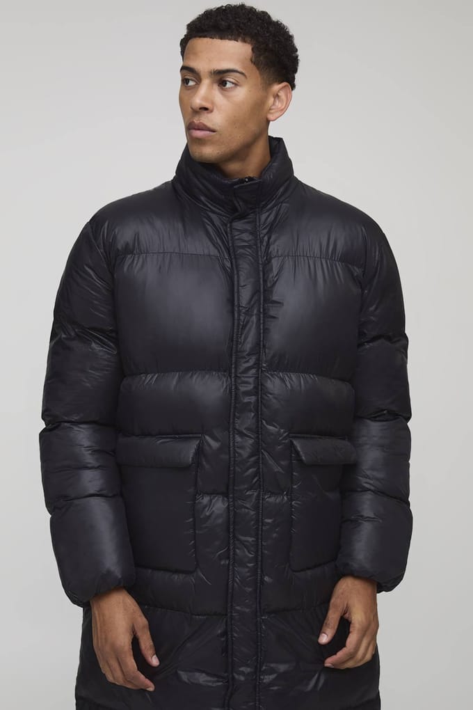 Regular Fit High Shine Longline Puffer Jacket | Black | Size Large