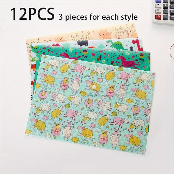 12 Pièces Pochette de Rangement Animaux Mignons Dossier A4 pour Organiseur de Documents d'Étudiant Enveloppe à Factures Dossier Sac à Documents 12pcs blue