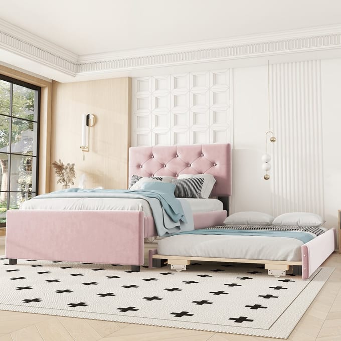 REDOM bed met uitschuifbed 90x200 cm – Fluweel + MDF – Roze