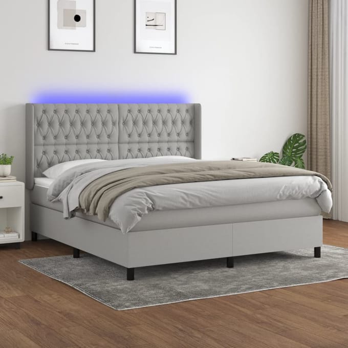 vidaXL - Boxspring - met - matras - en - LED - stof - lichtgrijs - 180x200 - cm