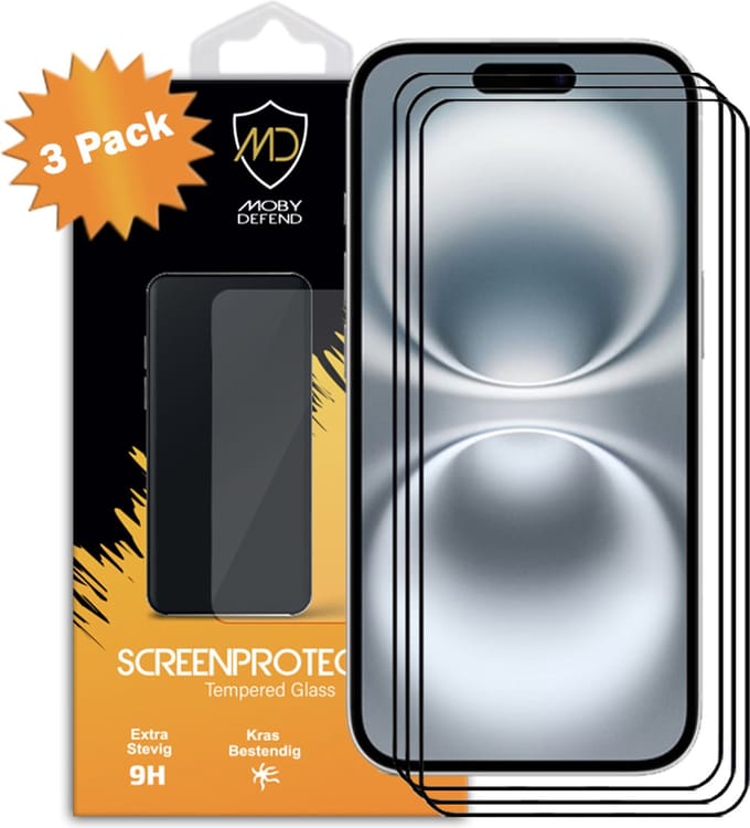 3-Pack MobyDefend Screenprotectors - Geschikt voor iPhone 16 - Screensavers Met Zwarte Randen - Gehard Glas